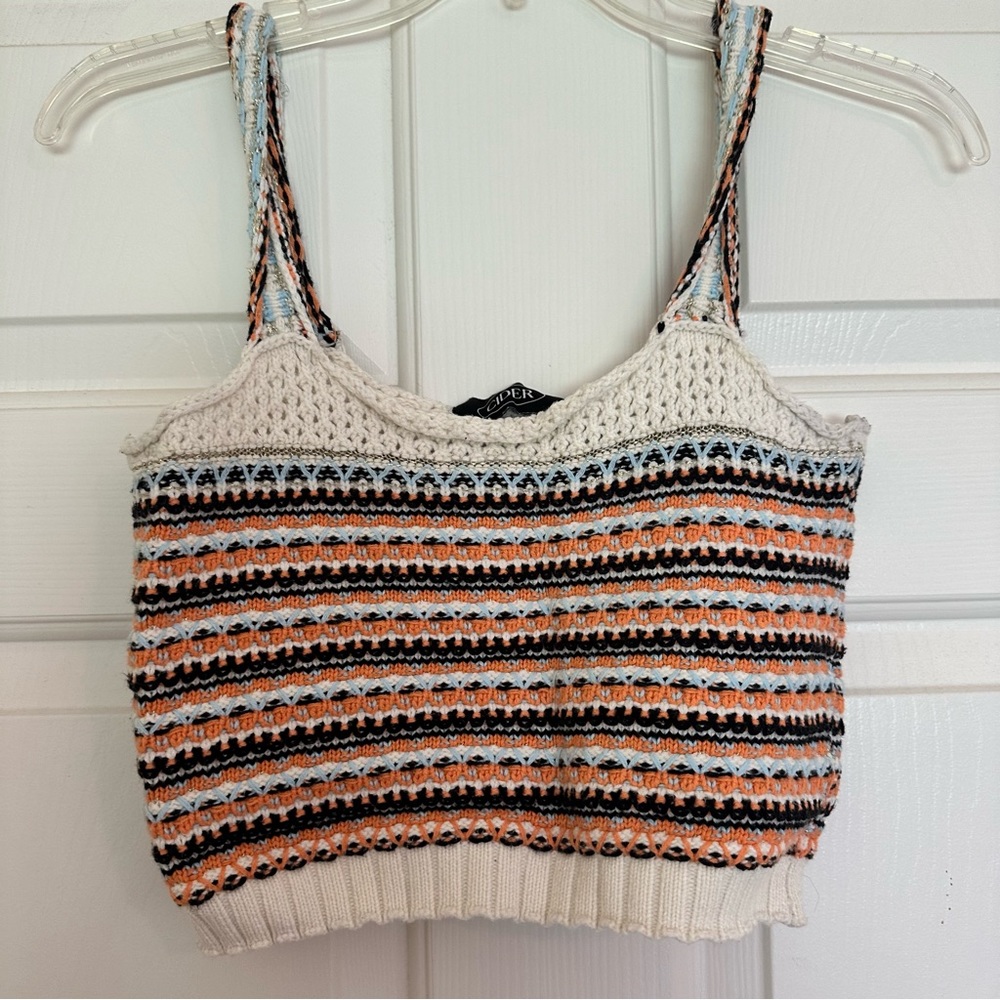 Cider Striped Crochet Knit Crop Top in Cream, Orange & Black